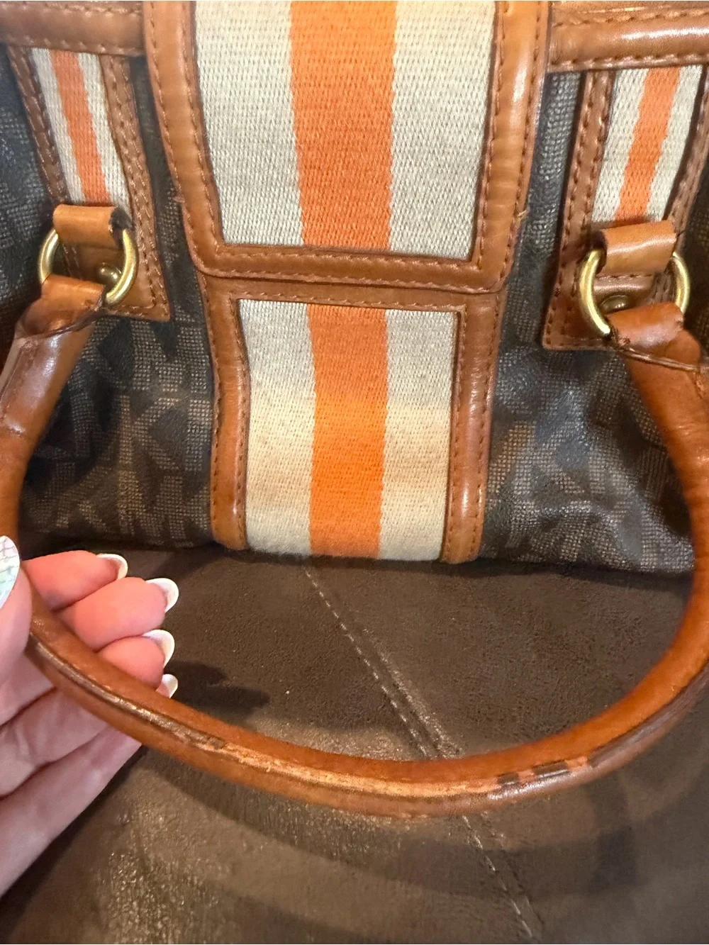 Michael Kors Orange and Cream Stripe Canvas Satchel with Brown Leather Trim
